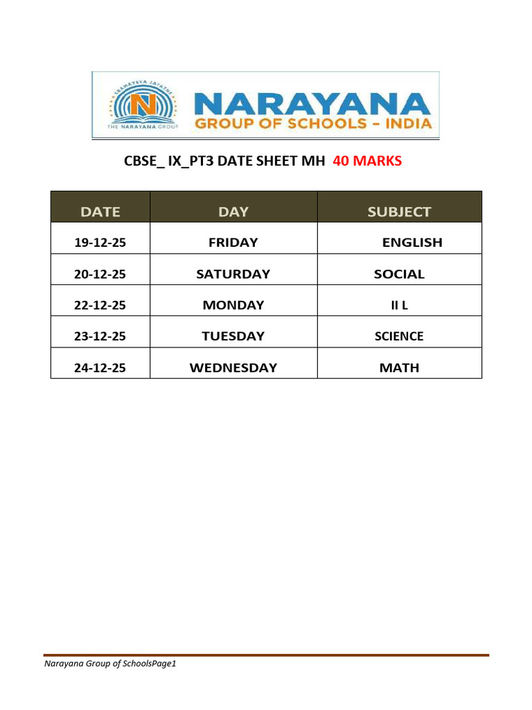 CBSE IX PT3 Date Sheet 2025 | PDF
