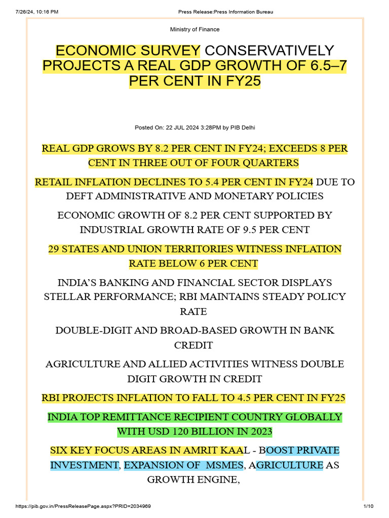 India Economic Survey FY24 Highlights | PDF | Inflation | Climate ...