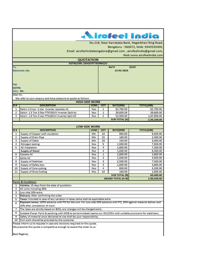 Quotation for AC Installation Services | PDF | Electrical Components ...