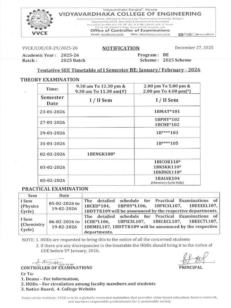 Tentative SEE Timetable - I Sem B.E. - 2025 Scheme | PDF