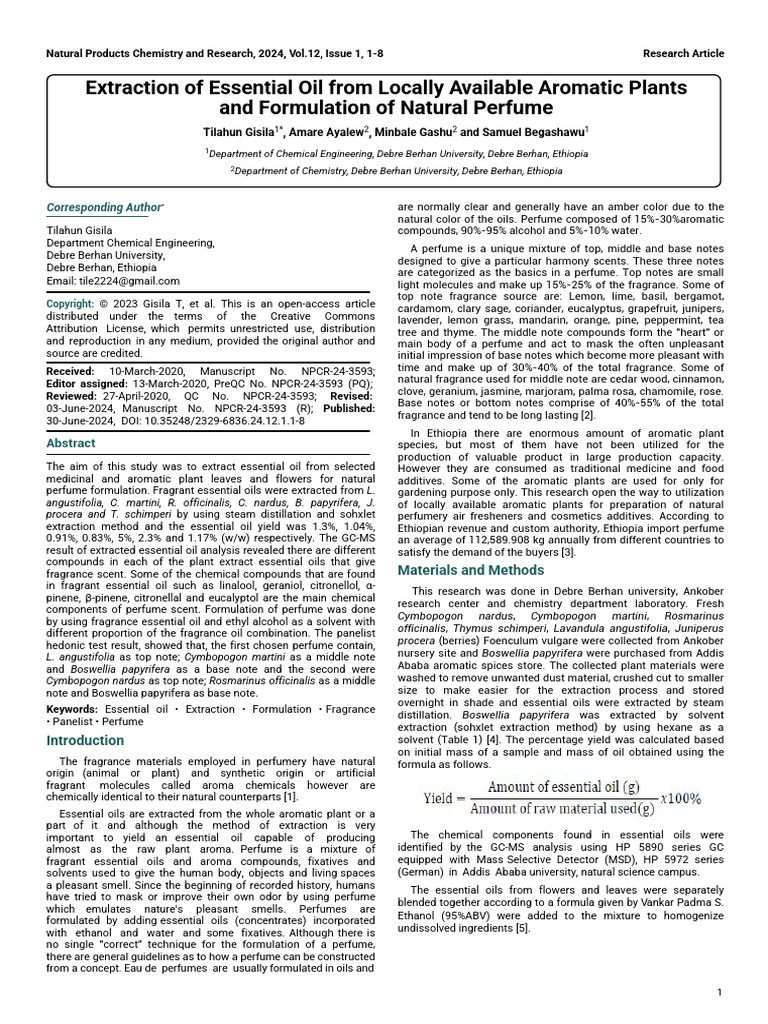 Extraction of Essential Oil From Locally Available Aromatic Plants and ...