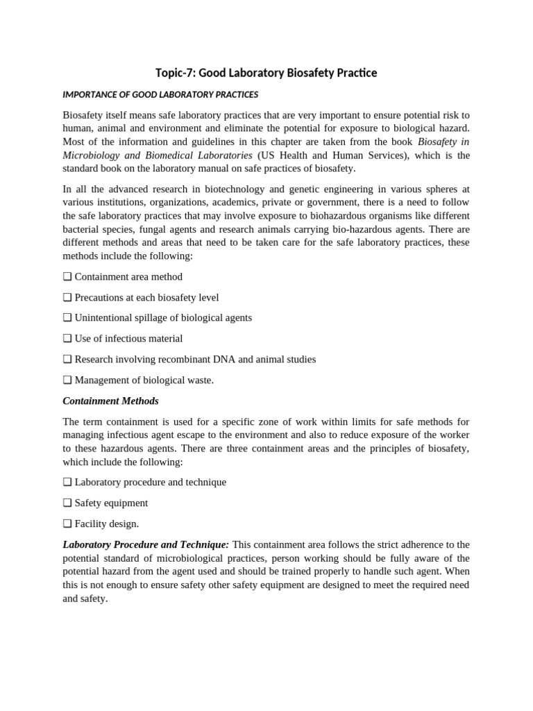 Essential Biosafety Practices in Labs | PDF | Laboratories | Infection