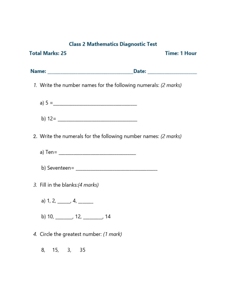 Class 2 Math Diagnostic Test Template | PDF