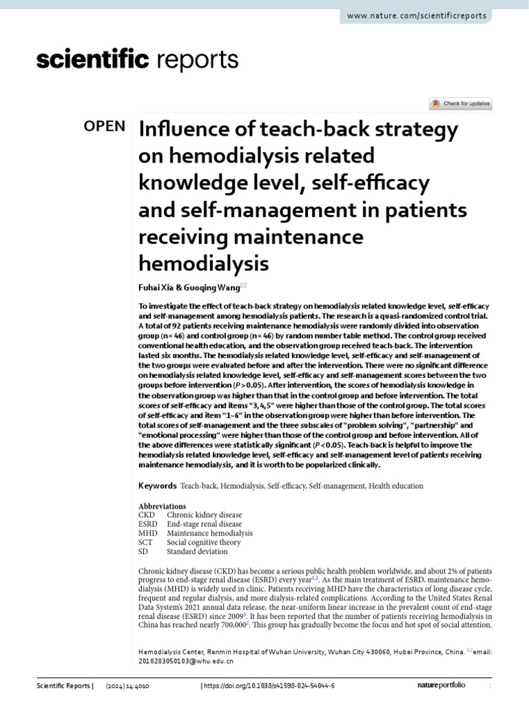 Influence of Teach-Back Strategy On Hemodialysis Related Knowledge ...