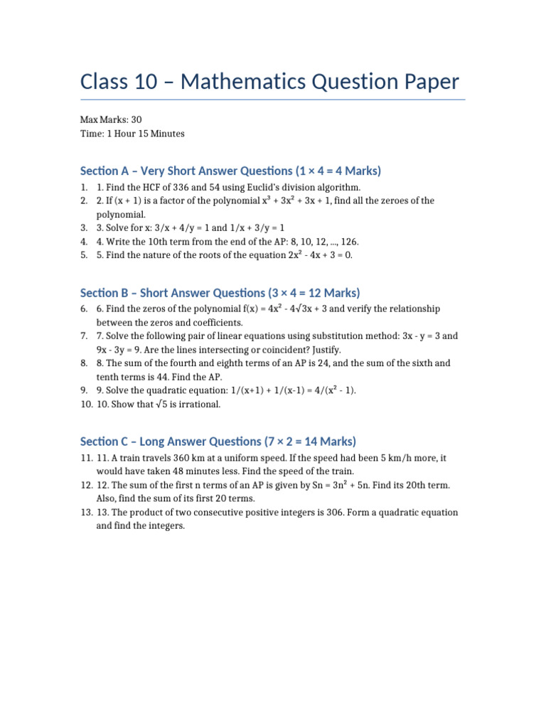 Class 10 Math Question Paper 30 Marks | PDF