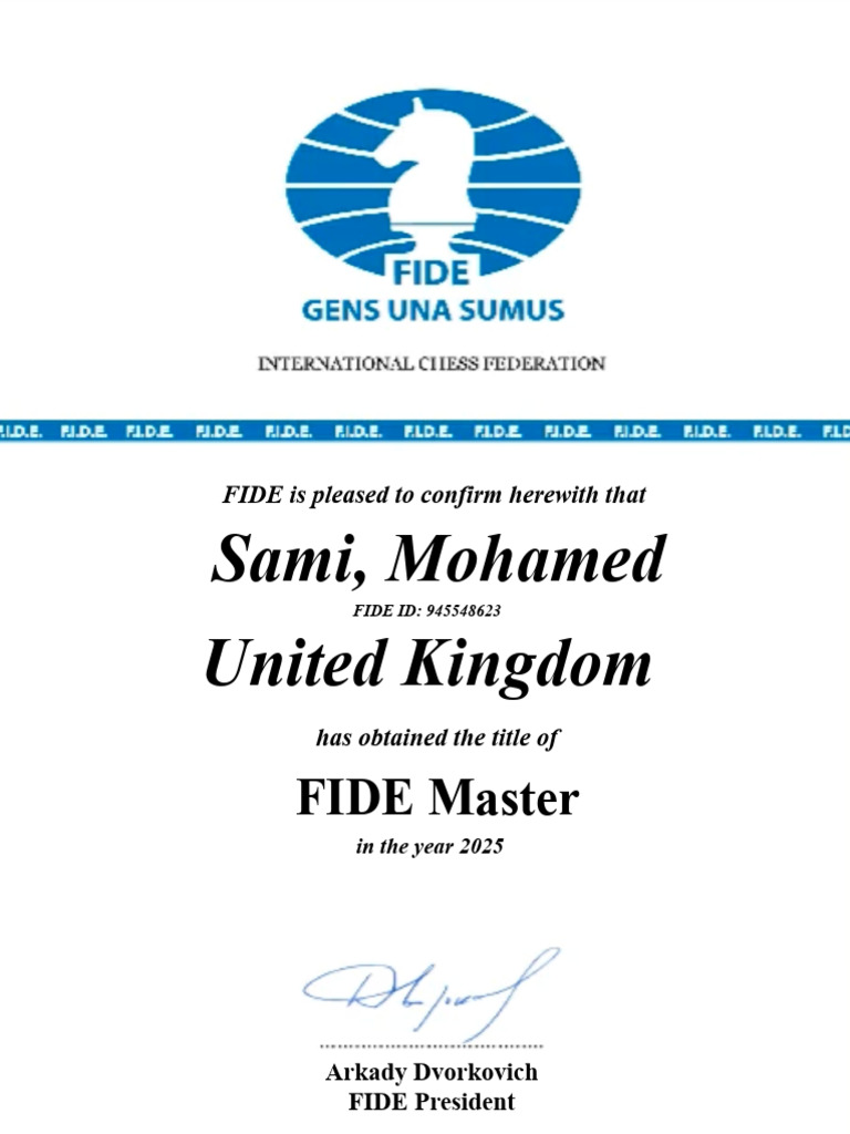 Mohamed Sami FIDE Master 2025 Confirmation | PDF