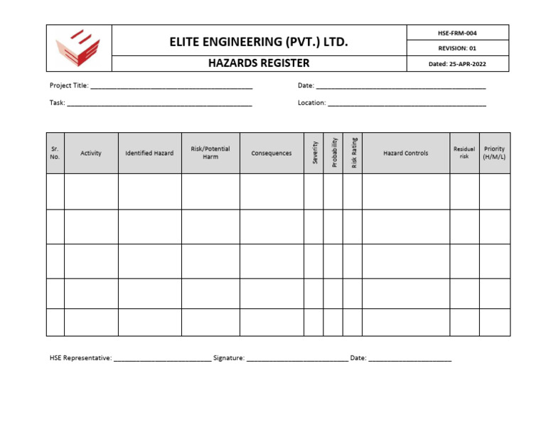 Hazards Register for Elite Engineering | PDF