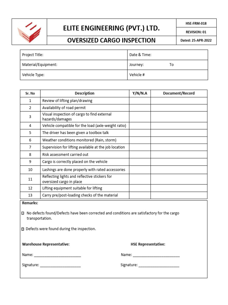 Oversized Cargo Inspection Checklist | PDF