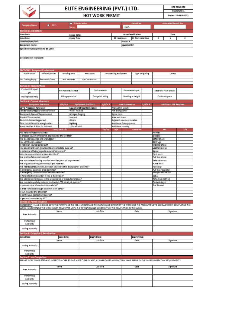Hot Work Permit Safety Checklist | PDF | Personal Protective Equipment ...