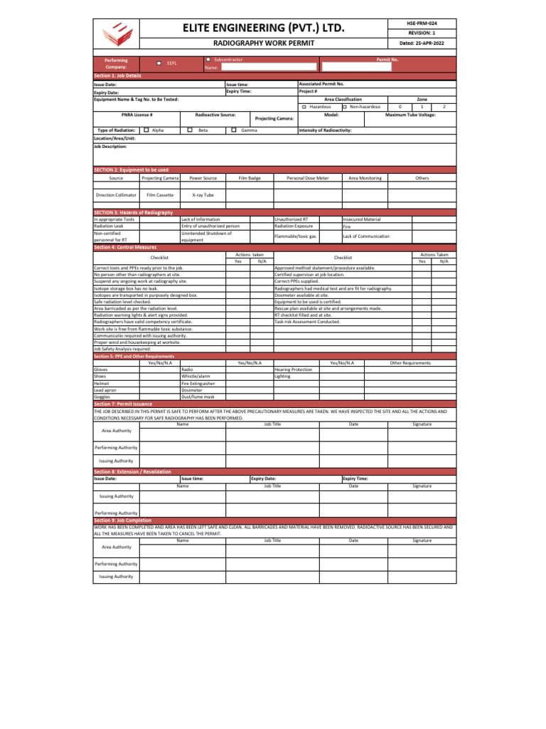 Hse-Frm-024 Radiography Work Permit | PDF | Radiography | Ionizing ...