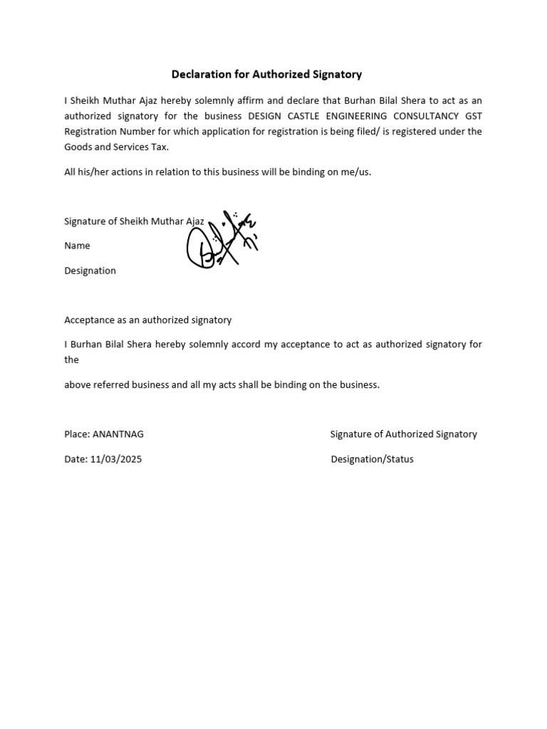 Authorized Signatory Declaration Form | PDF