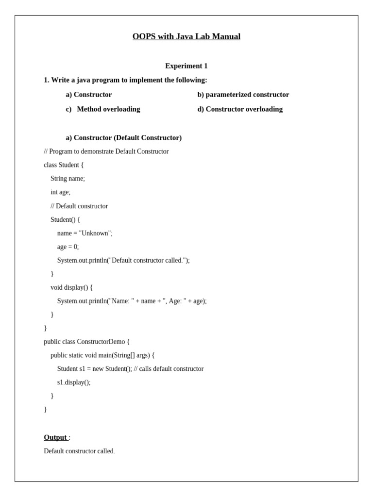 Java OOP Concepts Lab Manual | PDF | Constructor (Object Oriented ...