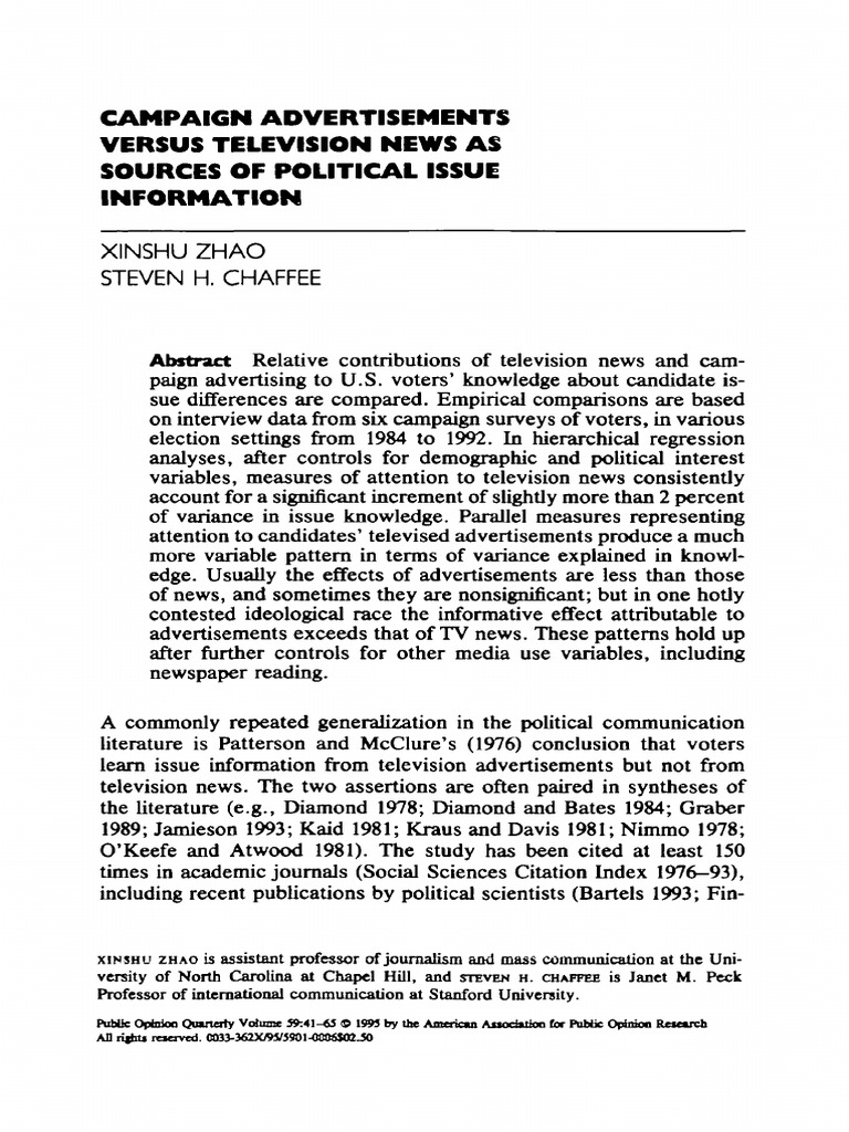 Campaign Advertisements Versus Television News As Sources of Political ...
