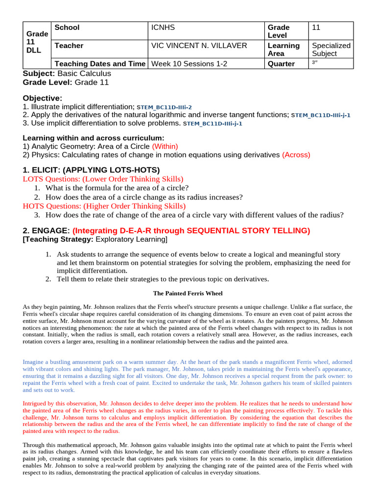 Grade 11 Basic Calculus Lesson Plan | PDF | Derivative | Area