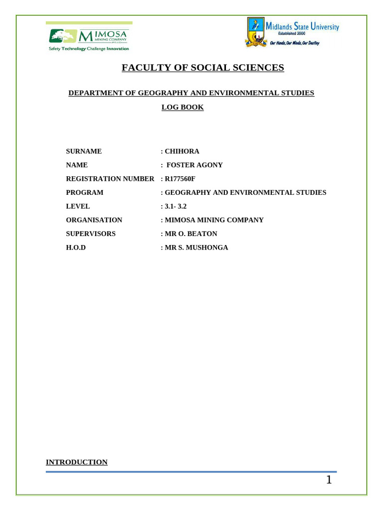 Chihora Foster A. Log Book1 | PDF | Occupational Hygiene | Occupational ...