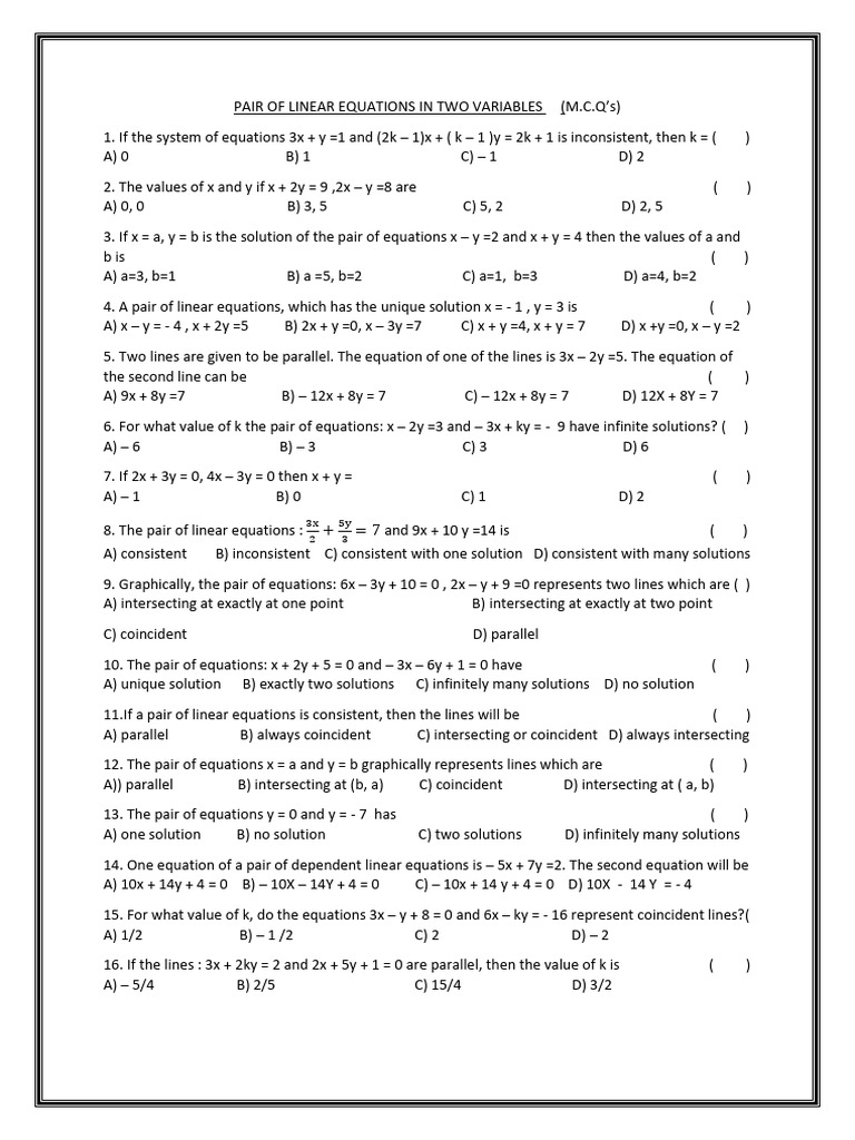 Linear Equations MCQs for Practice | PDF | System Of Linear Equations ...