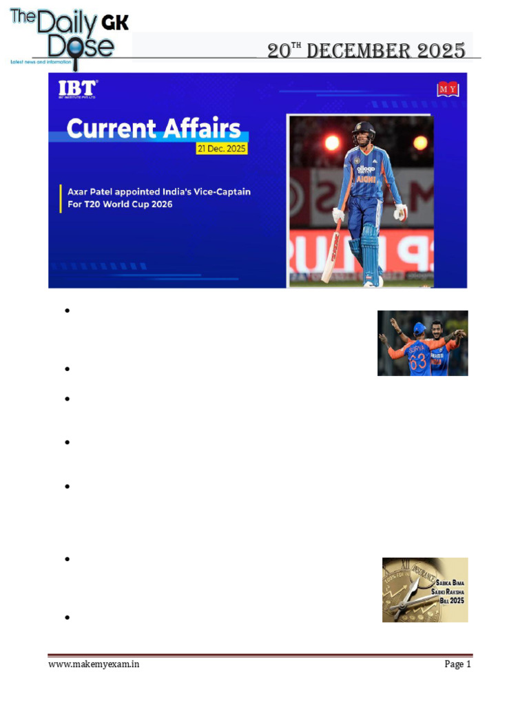 Current Affairs English 20th December 2025 | PDF
