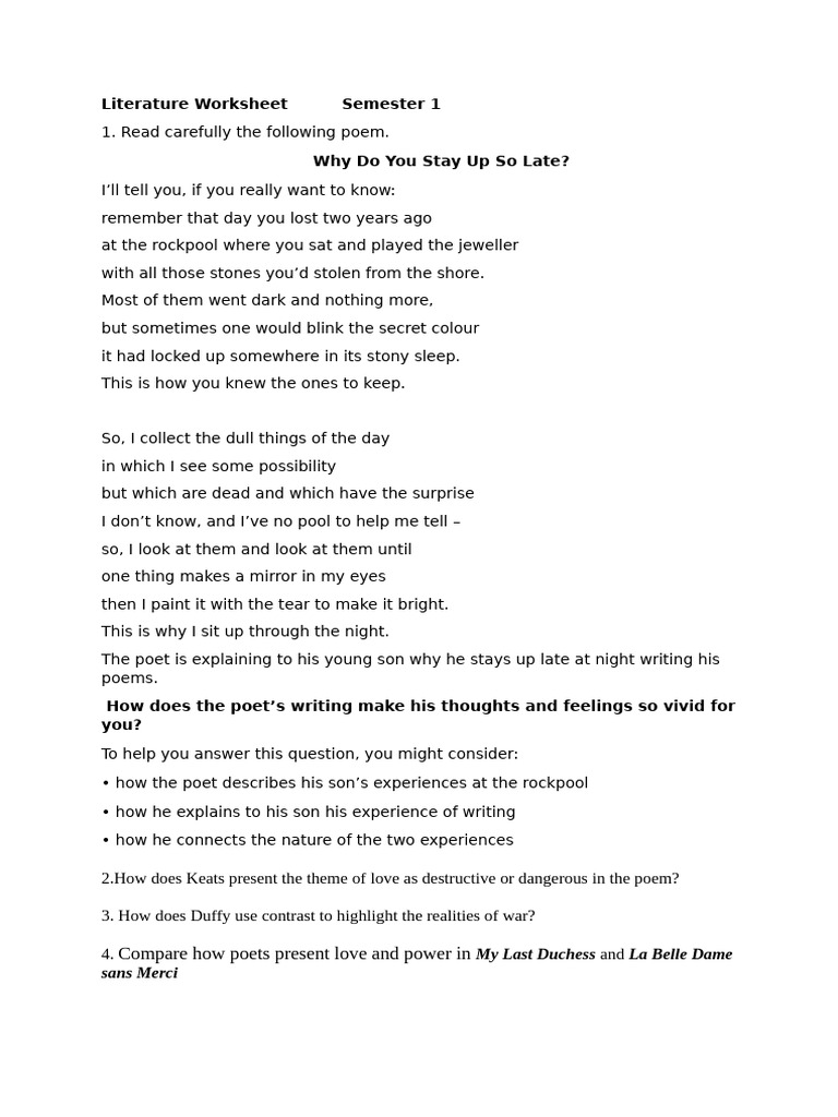 Literature Worksheet: Poetry Analysis Guide | PDF