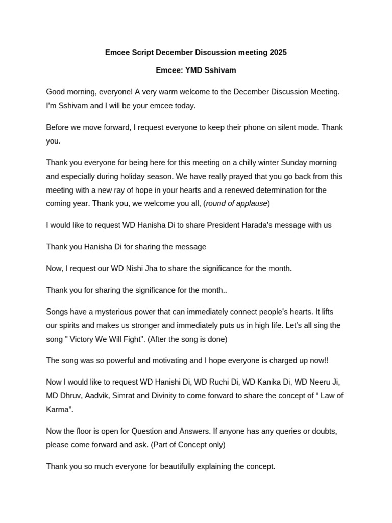 December Discussion Meeting Emcee Script | PDF