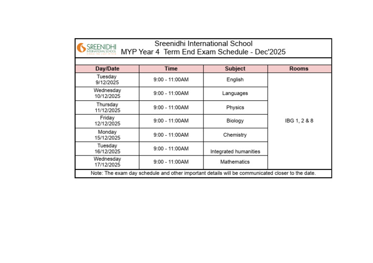 Sreenidhi MYP Year 4 Exam Schedule 2025 | PDF