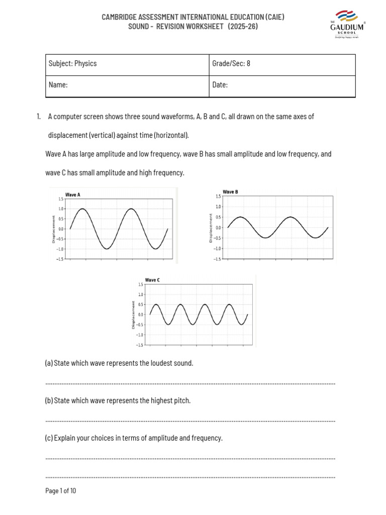 Sound Physics Revision Worksheet 2025-26 | PDF | Sound | Pitch (Music)