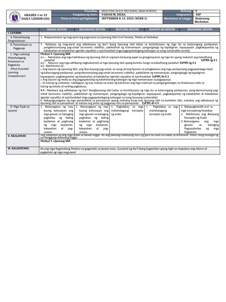 DLL - ESP 9 Week 1-Q2detailed Lesson Plan | PDF