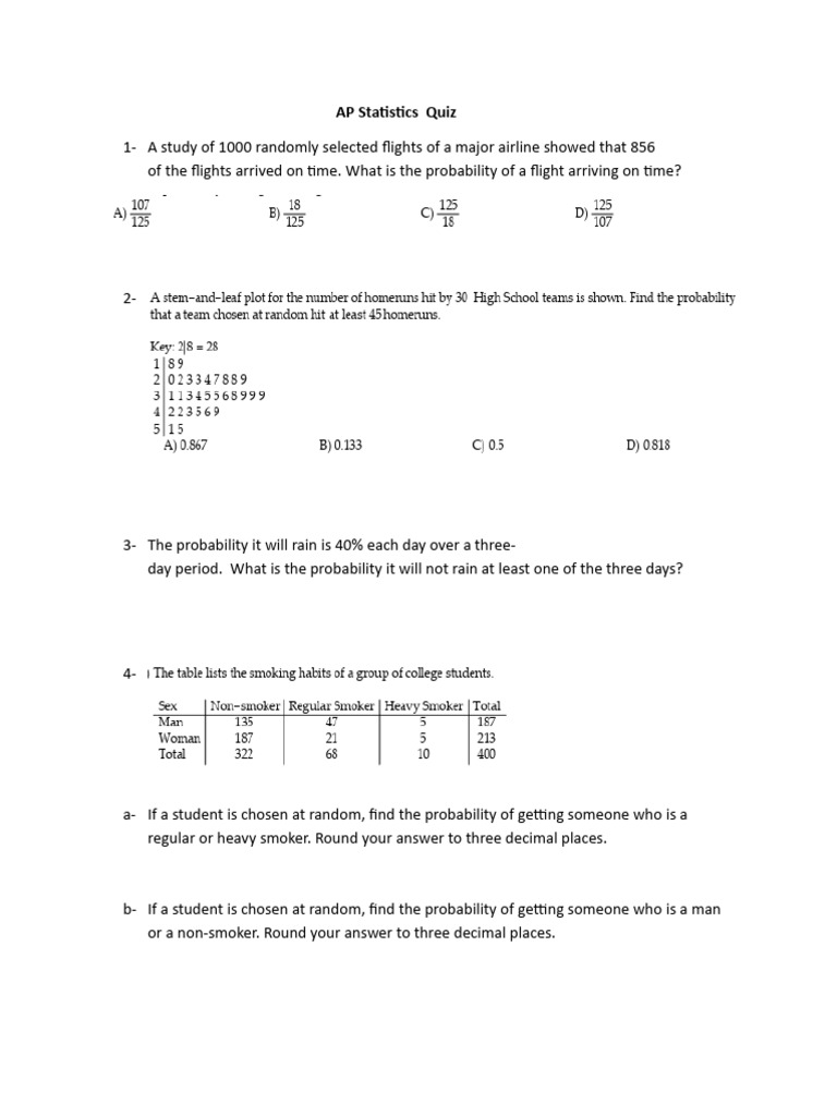 AP Statistics Quiz on Probability Concepts | PDF