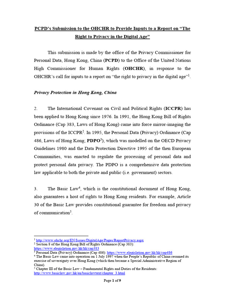 PCPD's Submission To The OHCHR To Provide Inputs To A Report On 