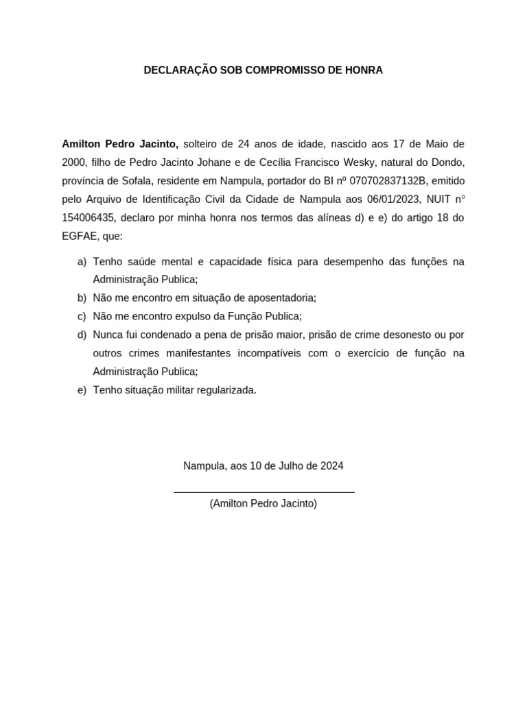 Declaração de Compromisso de Honra | PDF