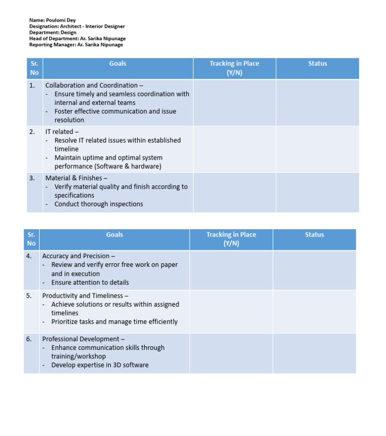 Interior Designer Goals and Tracking Plan | PDF