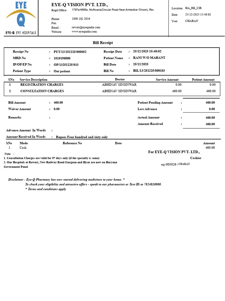 Eye-Q Vision Pvt. Ltd. Bill Receipt | PDF | Health Sciences | Pharmacology