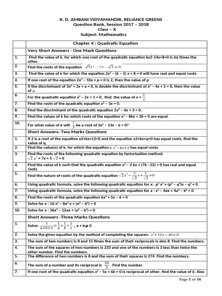 Class X Math Quadratic Equations Q&A | PDF | Circle | Area