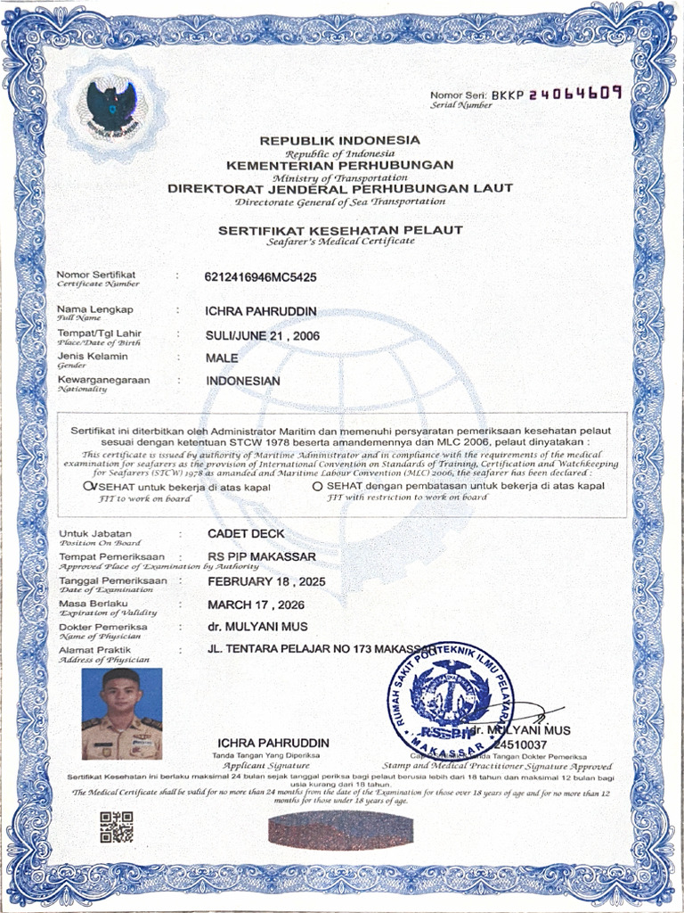  Sertifikat Kesehatan Pelaut 