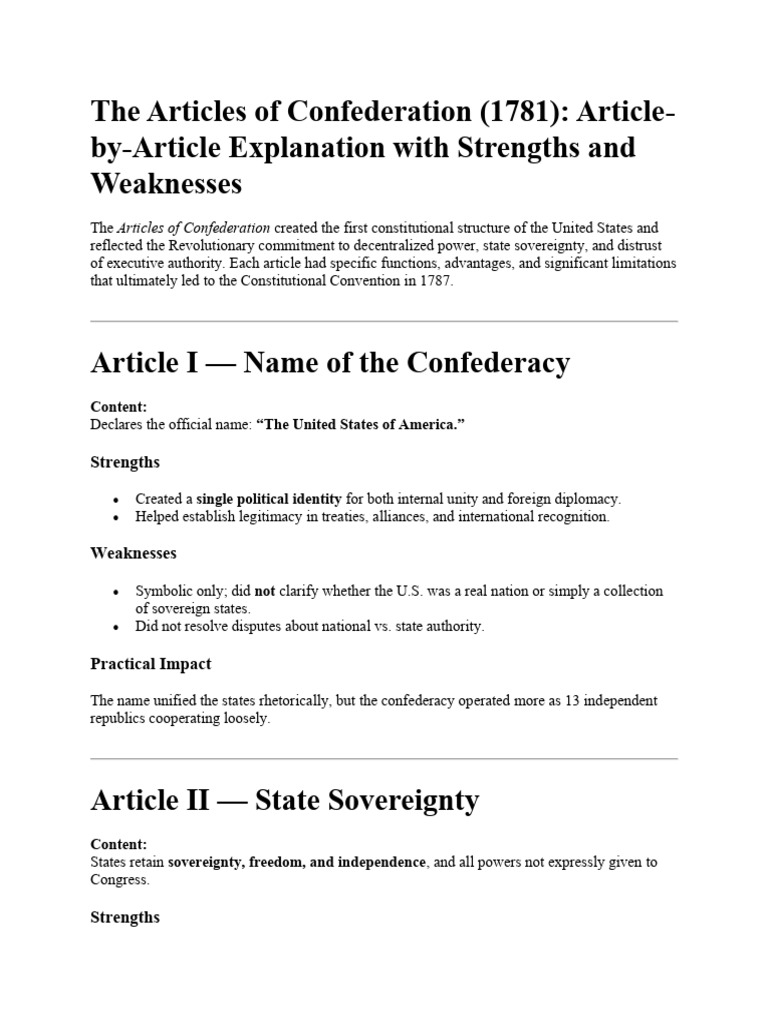 The Articles of Confederation 1781 Article by Article Explanation With ...