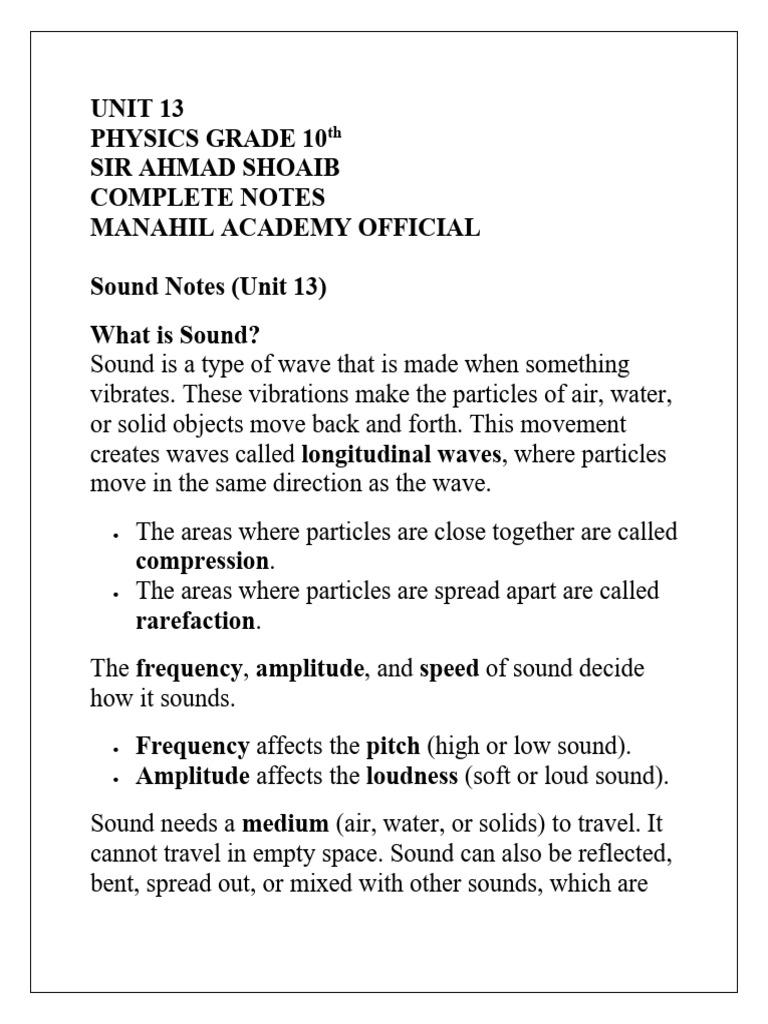Grade 10 Physics Sound Notes | PDF | Sound | Waves