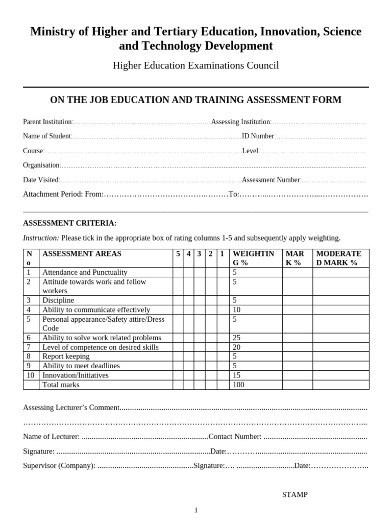 On The Job Assessment Form | PDF | Cognition | Learning