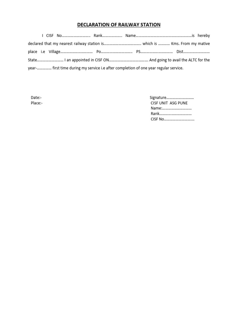 Railway Station Declaration Form | PDF