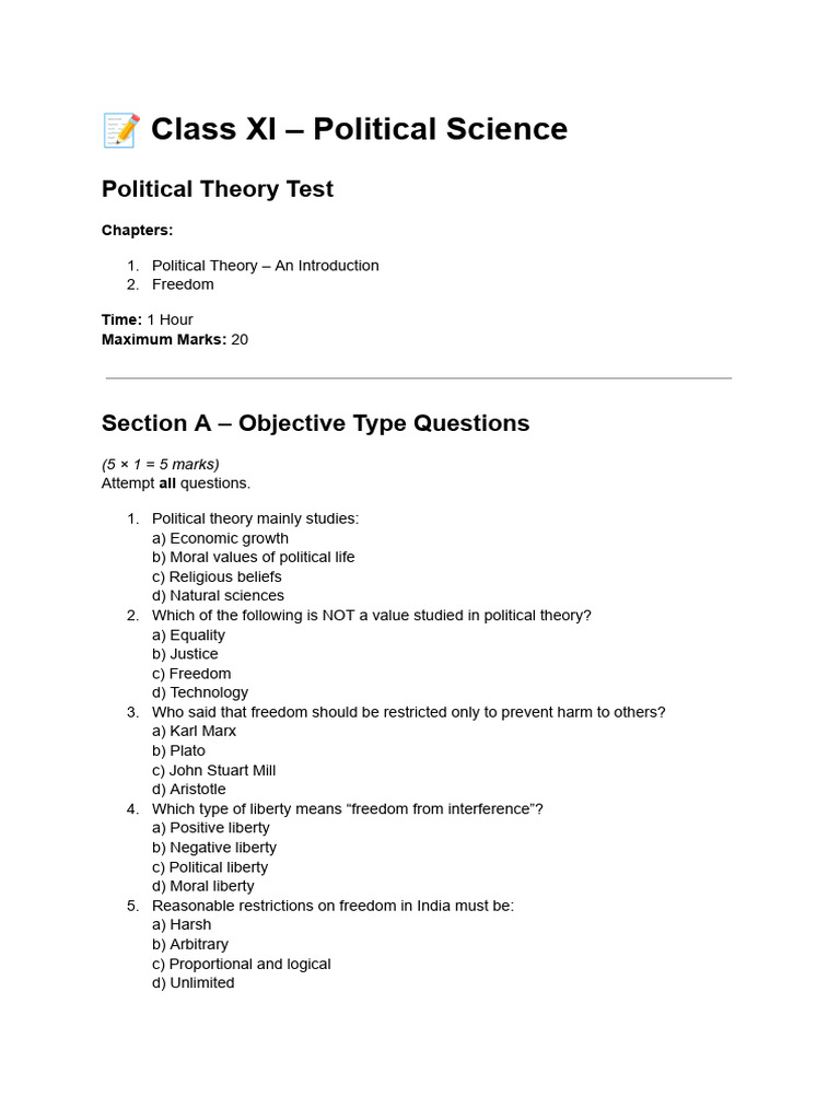 Class XI Political Science Test Guide | PDF