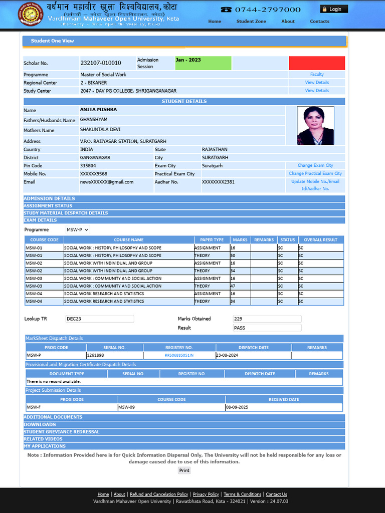 Anita Students One View, VMOU | PDF