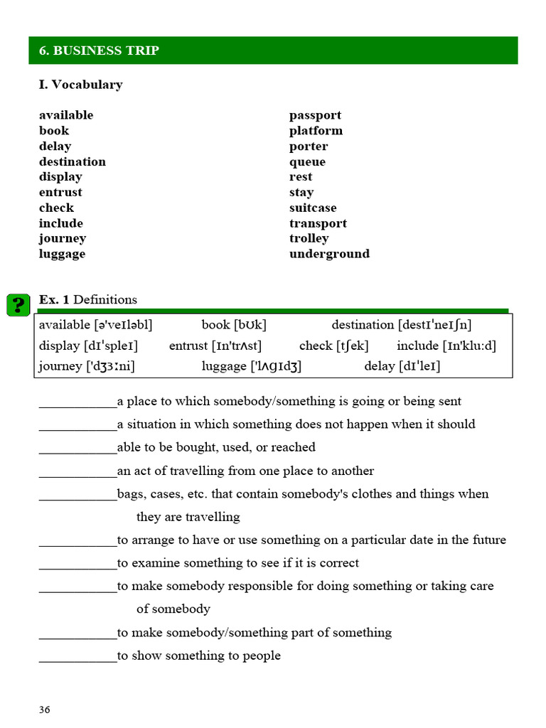 Business Trip Vocabulary Guide | PDF | Menu | Baggage
