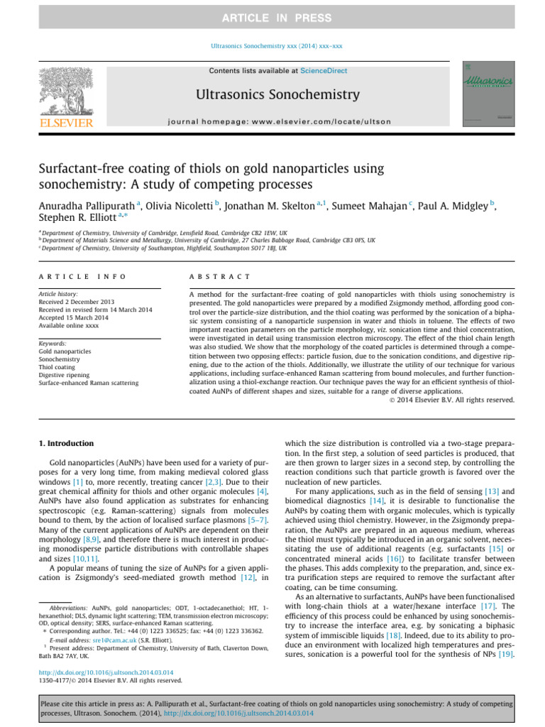 Surfactant-Free Coating of Thiols On Gold Nanoparticles Using ...