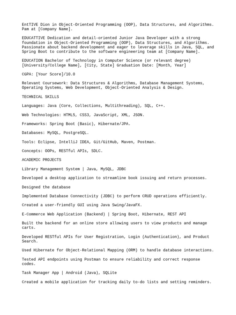 Junior Java Developer Resume Template | PDF