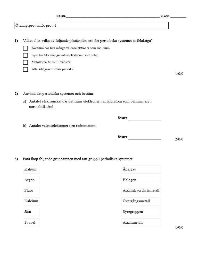 Övningsprov Inför Prov 1 Kemi 1 | PDF