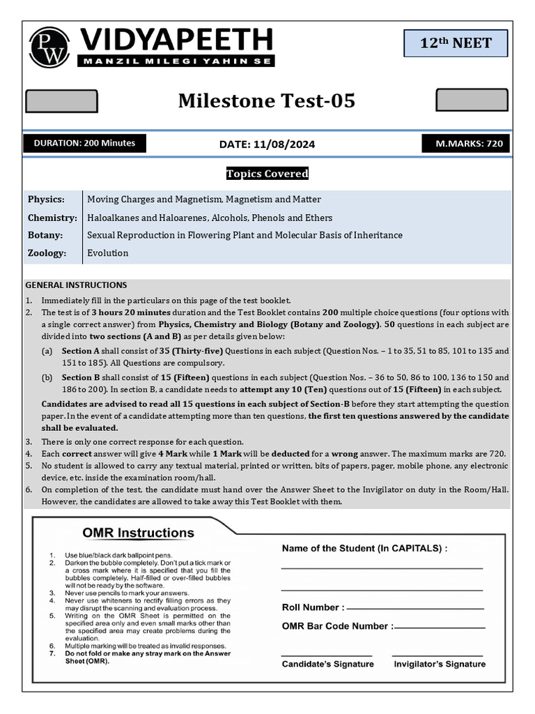 Milestone Test - 05 - Test Paper | PDF | Magnetic Field | Magnetism