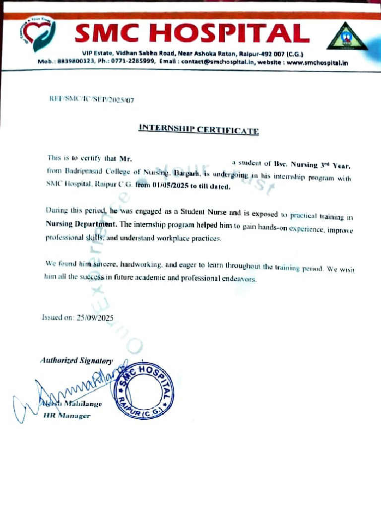 Internship Certificate for Nursing Student | PDF