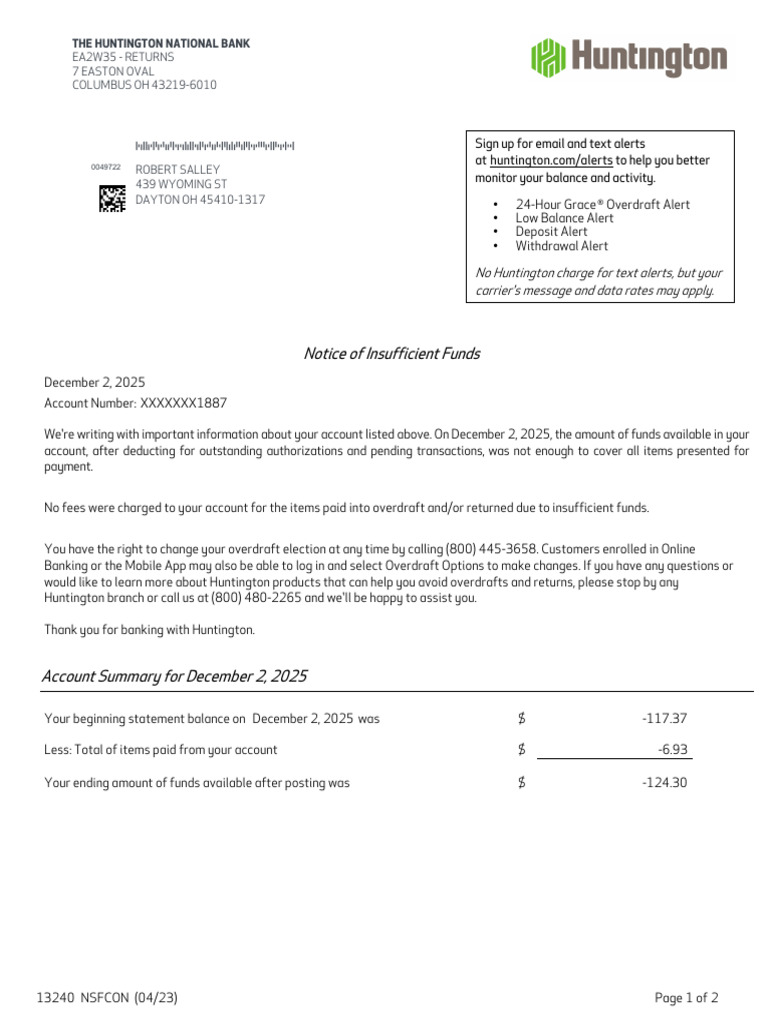 Huntington Bank Insufficient Funds Notice | PDF | Overdraft | Banks