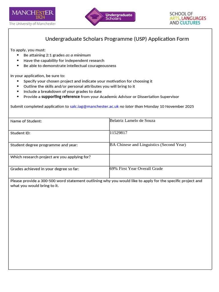 USP Application Form Guidelines | PDF