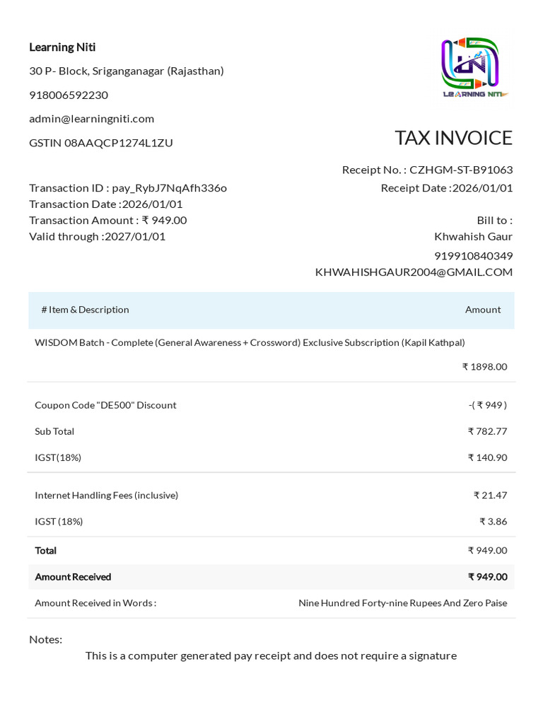 Learning Niti Tax Invoice Receipt | PDF