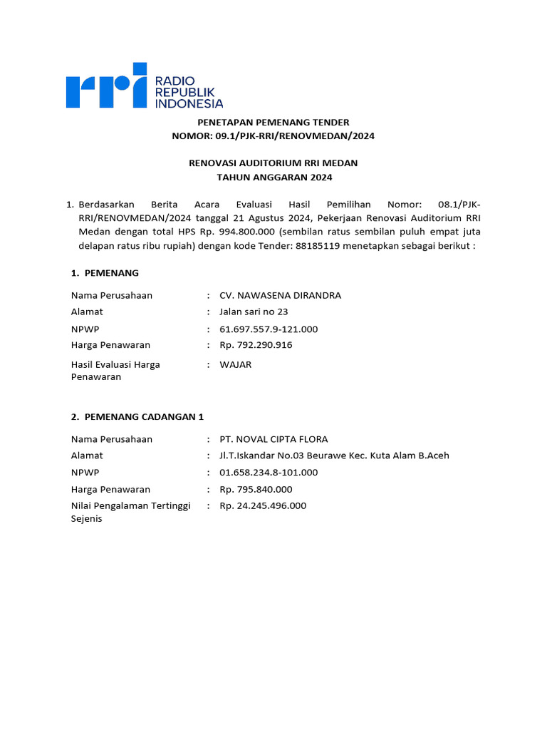 Pemenang Tender Renovasi Auditorium RRI | PDF