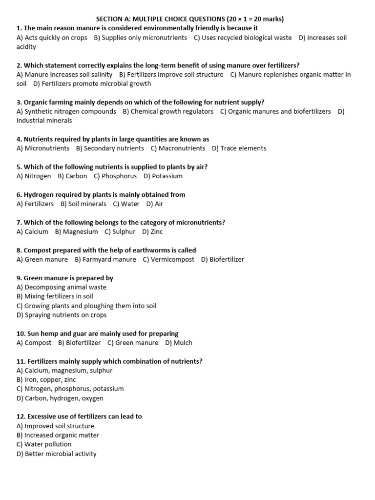 Manure and Organic Farming Quiz | PDF | Fertilizer | Soil